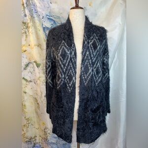 Eddie Bauer Navy and Gray western Diamond Patterned fuzzy soft Cardigan